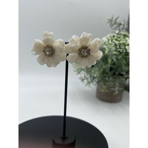 J. Crew Gold Tone White Resin‎ & Cz Full Bloom Flower Pierced Earrings